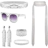 Gvhntk 6 Pcs 70s Disco Accessories Women Costume Jewelry Set 1970s Disco Diamond Bracelet Headband Sequin Scarf Glasses Earrings
