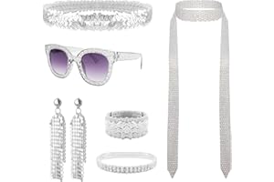 6 Pcs 70s Disco Accessories Women Costume Jewelry Set 1970s Disco Diamond Bracelet Headband Sequin Scarf Glasses Earrings