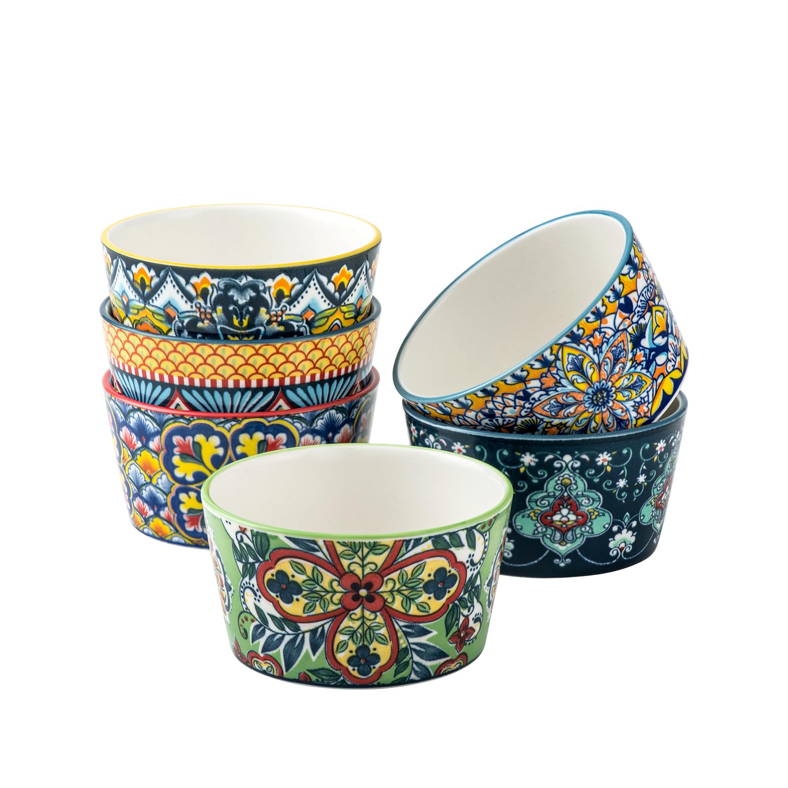 HENXFEN LEAD Soufflé Dishes Set of 6, 6oz Creme Brulee Dish Set, Small Ramekins in Colourful for Delicious Spiced Meat, Ragout Fin, and Pudding - Bohemian Style
