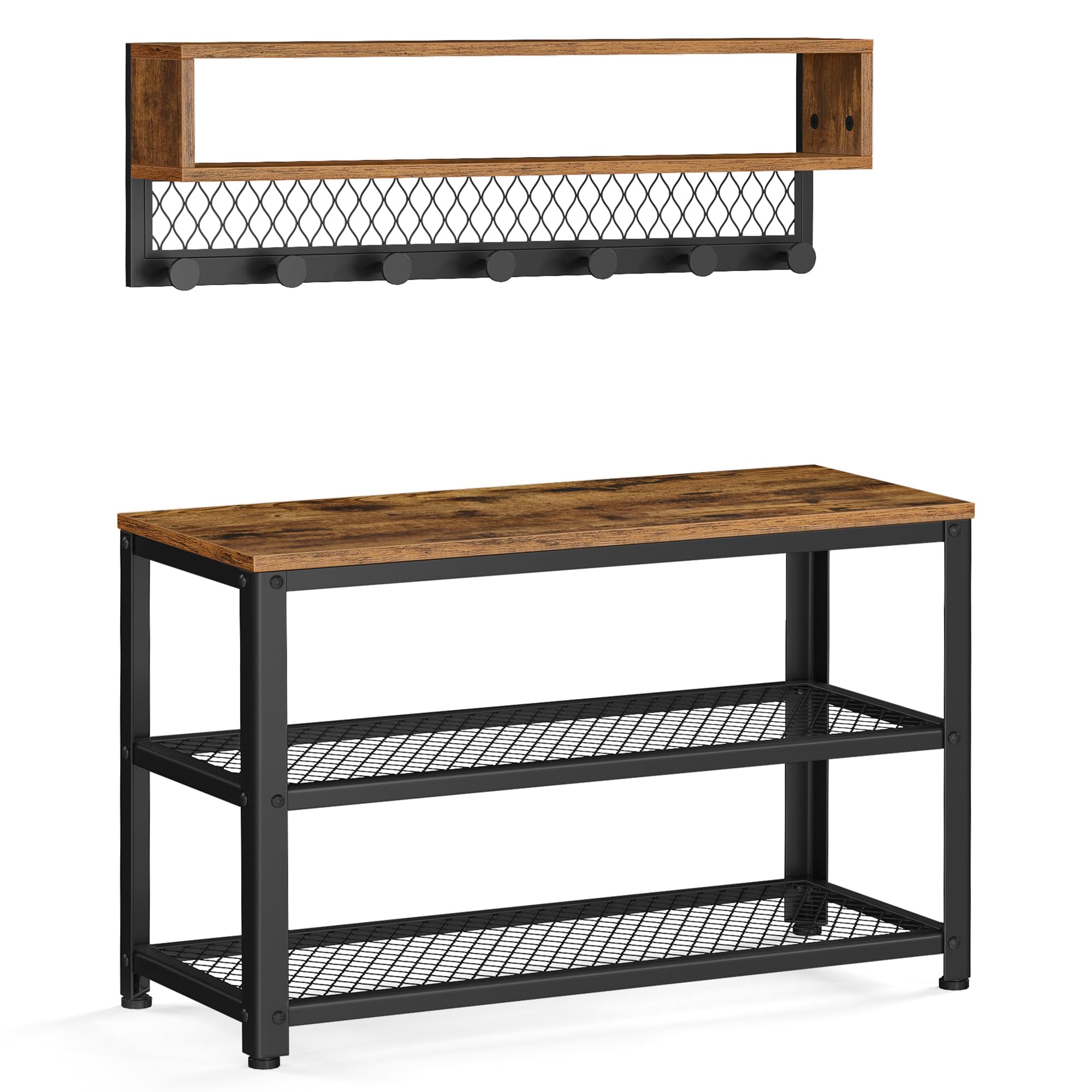 VASAGLE Coat Rack Shoe Bench Set, Hall Tree with Bench, Entryway Furniture, Multifunctional, Dot Coat Hooks, 2-Tier Shoe Rack, Industrial Style, for Entryway, Hallway, Rustic Brown ULCR073K01 Image VASAGLE Coat Rack Shoe Bench Set, Hall Tree with Bench, Entryway Furniture, Multifunctional, Dot Coat Hooks, 2-Tier Shoe Rack, Industrial Style, for Entryway, Hallway, Rustic Brown ULCR073K01 Image