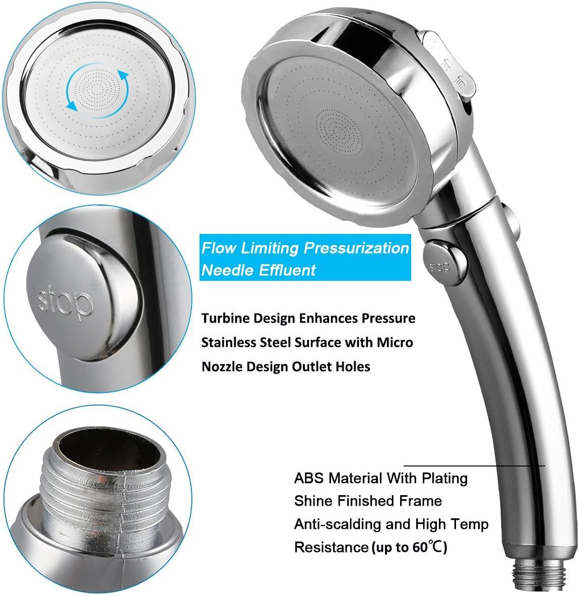 Megade Shower Heads, on Off Shower Head, 3 Mode High Pressure Handheld Shower Head with Spray Rainfall Massage Jetting, High Power Shower Head Set Detachable, Bathroom Showerhead Functional - Image 5
