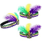WOVOWOVO 3 Packs Mardi Gras Headband Glitter Sequin Mardi Gras Headbands for Women Feather Hair Accessories Head Band Headpiece Outfit Masquerade Mask Party Decoration Favors Purple Cocktail Headwear