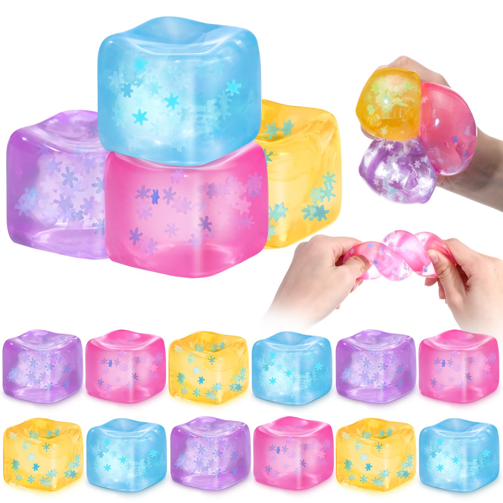 Teyva Daily 16 Pcs Stress Cube with Snowflakes Slow Rising Ice Cube Stress Balls for Adult Sensory Squeeze Cubes for Anxiety Relief Prizes Goodie Bag Stuffers (4 Color)