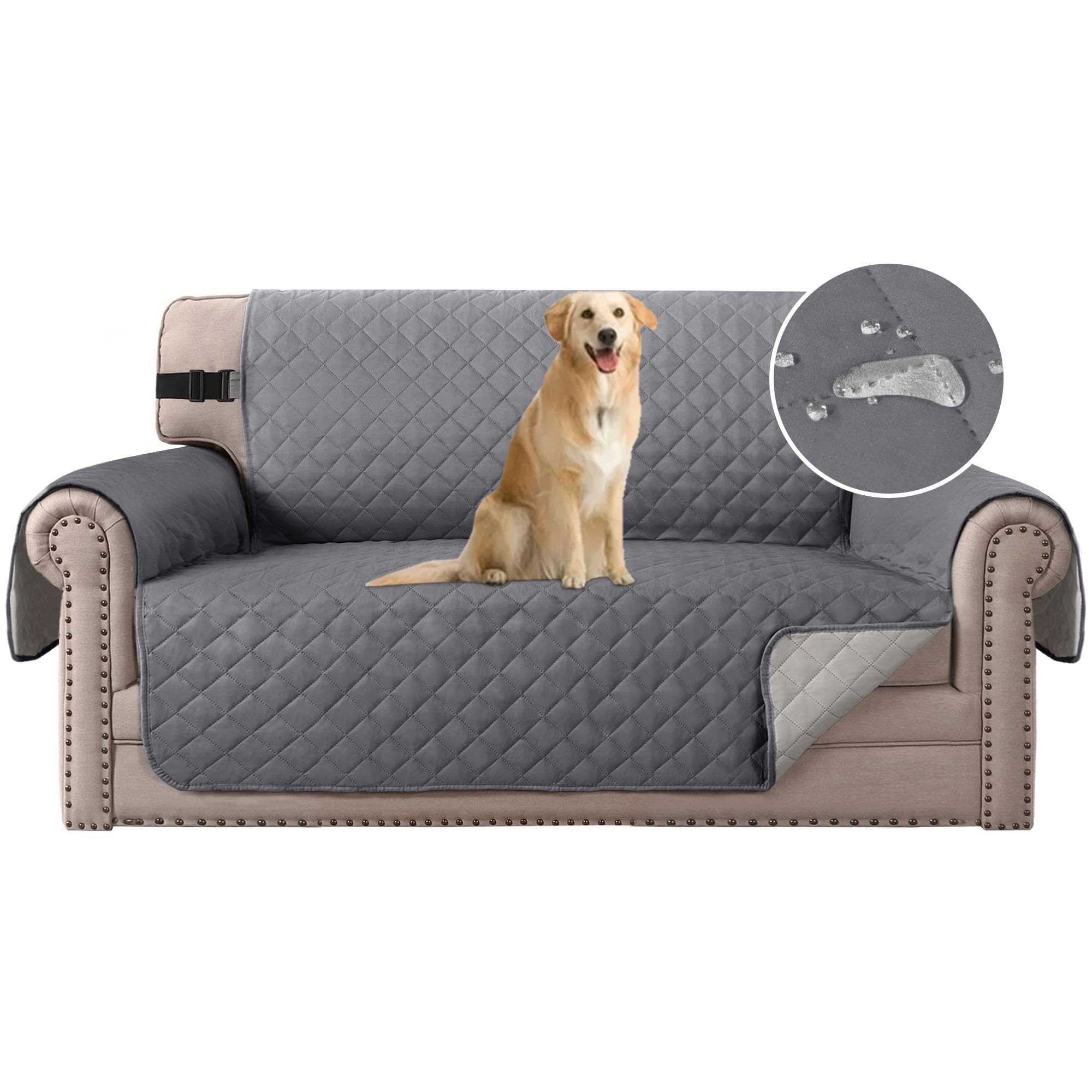 H.Versailtex Sofa Covers Water Resistant Grey, Sofa Slipcovers 2 Seater, Non Slip Cover for Kids/Dogs/Pets, Washable Sofa Protector with Elastic Strap (Grey/Beige)