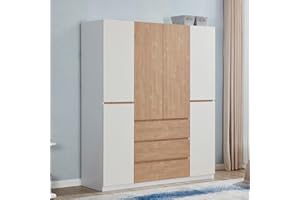 Idealcabin 4 Doors Closet Wardrobe White Wood Freestanding Wardrobe Closet Armoire Cabinet with Hanging Rod Shelves Bedroom Large Clothes Storage Organizer Bathroom Closet (20.5"D x 63.0"W x 74.8"H)