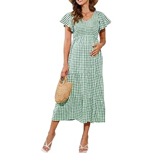 guruixu Swiss Dot Smocked Maternity Dress for Photoshoot and Baby Shower | Flowy Maternity Maxi Dress, V Neck, Ruffle Sleeves
