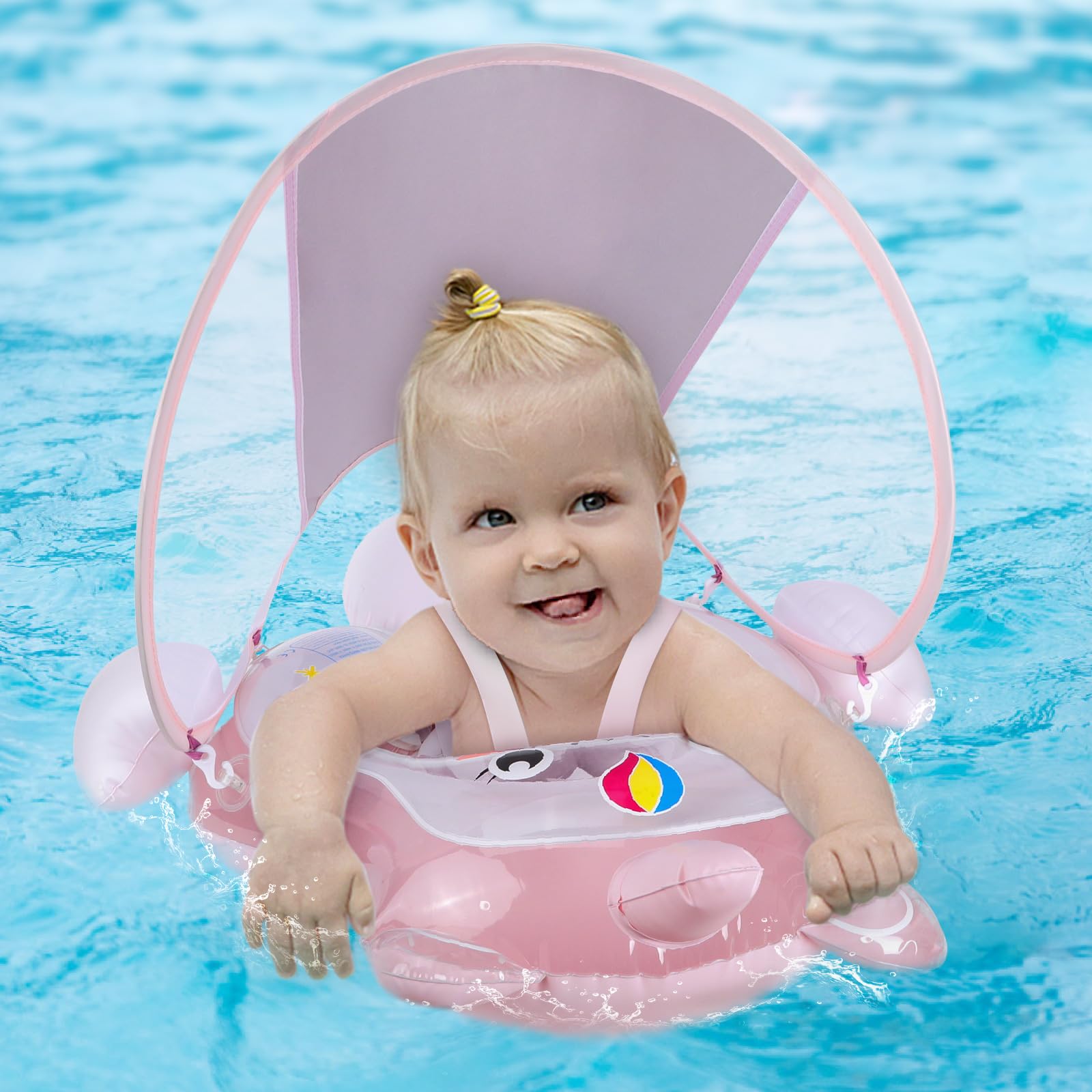 NYOBABE Unicorn Baby Swimming Float for 6-36 Months,Inflatable Baby Pool Float With Anti-Flip Tail & UPF50+ Sun Canopy,Baby Swim Ring for 6 9 12 18 24 36M Toddlers,Adjustable Baby Float Ring Pink(L)