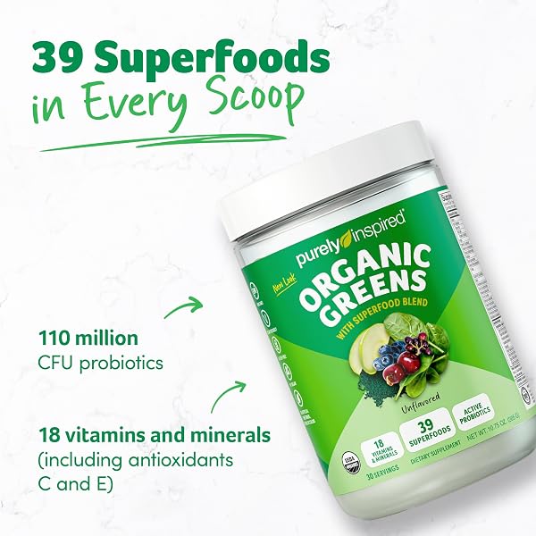 PURELY INSPIRED ORGANIC GREENS POWDER SUPERFOOD SMOOTHIE MIX, UNFLAVORED (30 SERVINGS) – SUPER GREENS WITH PROBIOTICS, SPIRULINA & CHLORELLA FOR GUT & DIGESTIVE HEALTH – VEGAN