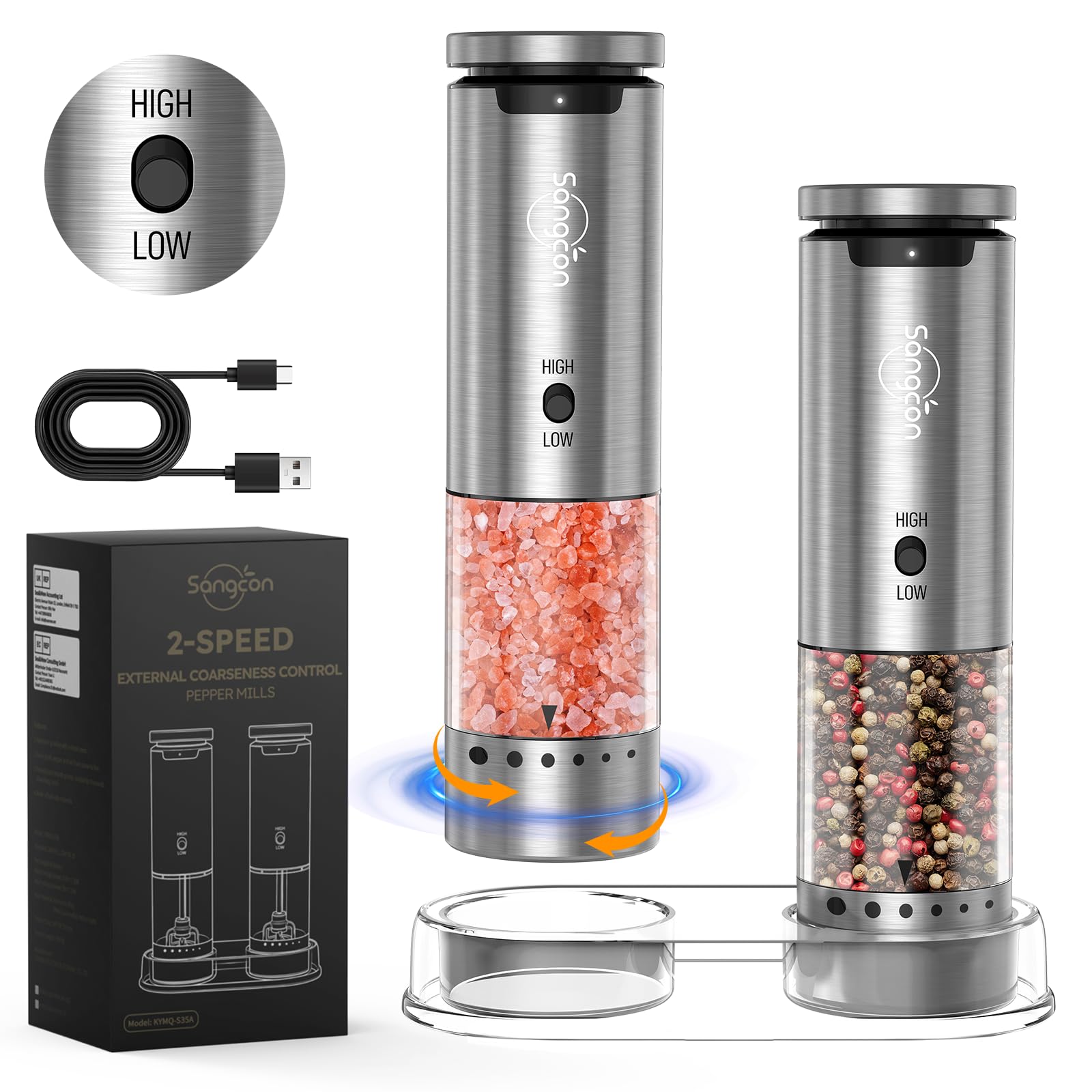 Sangcon Electric Salt and Pepper Grinder Set 2-Speed Rechargeable, 6-Levels External Adjustable Coarseness, Automatic Salt Pepper Mill Grinder Set with Storage Base, One-Handed Operation, Silver