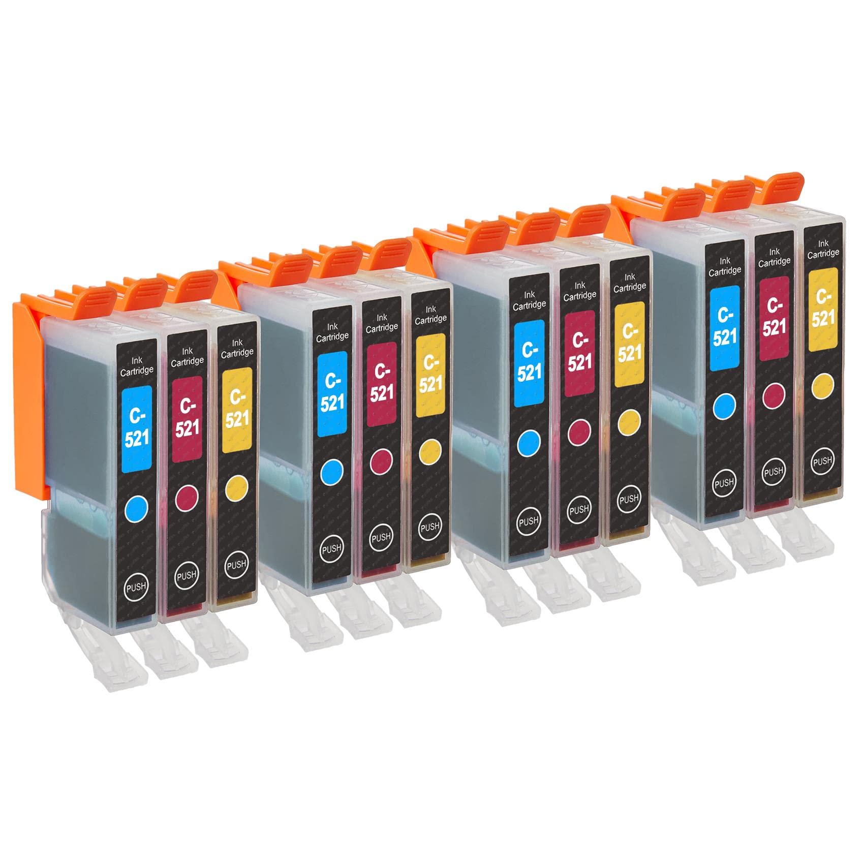 Go Inks C-521CMY Compatible C/M/Y Ink Cartridges to replace Canon CLI-521C, CLI-521M, CLI-521Y for use with Canon PIXMA Printers (Pack of 12), High Capacity