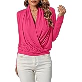 LYANER Women's Casual V Neck Cross Wrap Long Sleeve Solid Blouse Shirt Top