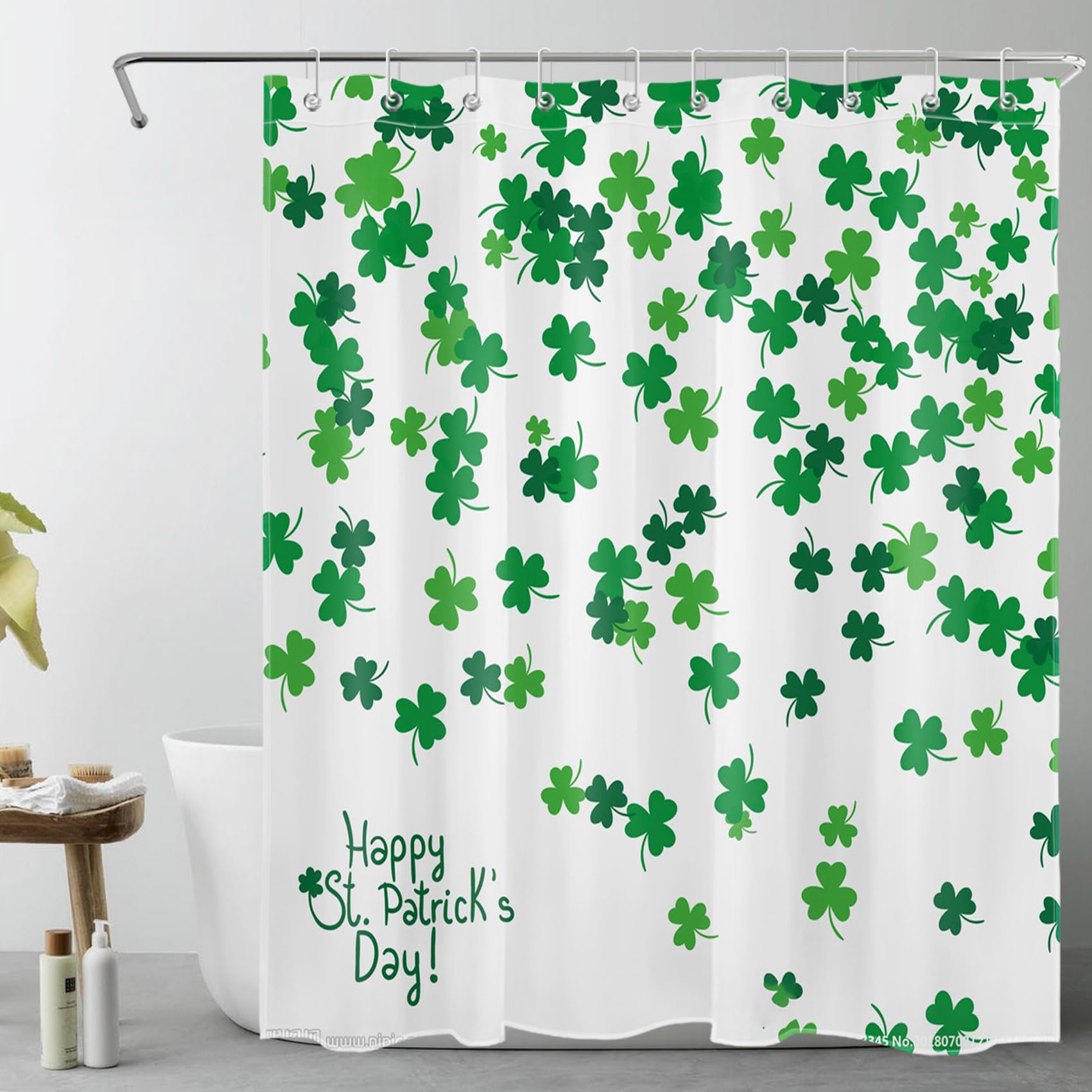 LB Saint Patricks Day Shower Curtain Set Ireland Green Clover Leaves in White Bathroom Curtain with Hooks 60x72 inch Polyester Fabric Bathroom Decorations