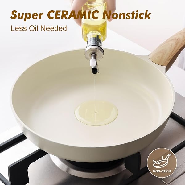 SENSARTE CERAMIC NONSTICK FRYING PAN SKILLET WITH LID, 9.5INCH NON STICK PAN OMELET PANS, NON-TOXIC KITCHEN COOKING CHEF’S PAN, FREE OF INTENTIONALLY ADDED PFAS/PTFE/PFOA, INDUCTION COMPATIBLE, WHITE