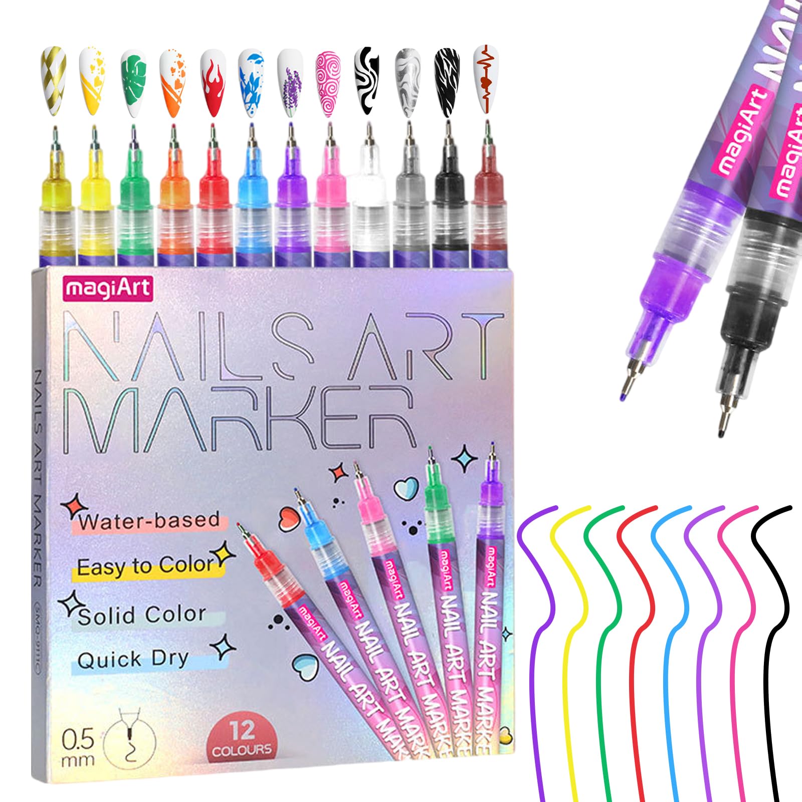 Photo 1 of 12 Colors Nail Art Pens, Fine Tips Nail Polish Pens Quick Dry, Graffiti Dotting Pen Acrylic Painted Pen Kit 3d Nail Polish Pens Drawing Painting for Diy Nails Art Design Manicure Tools
