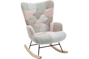 Whalemon Rocking Chair,Teddy Nursery Rocking Chair with High Backrest and Side Pocket,Upholstered Glider Rocking Chair for Nursery, Modern Accent Chair for Bedroom, Living Room, Office-Macaroon