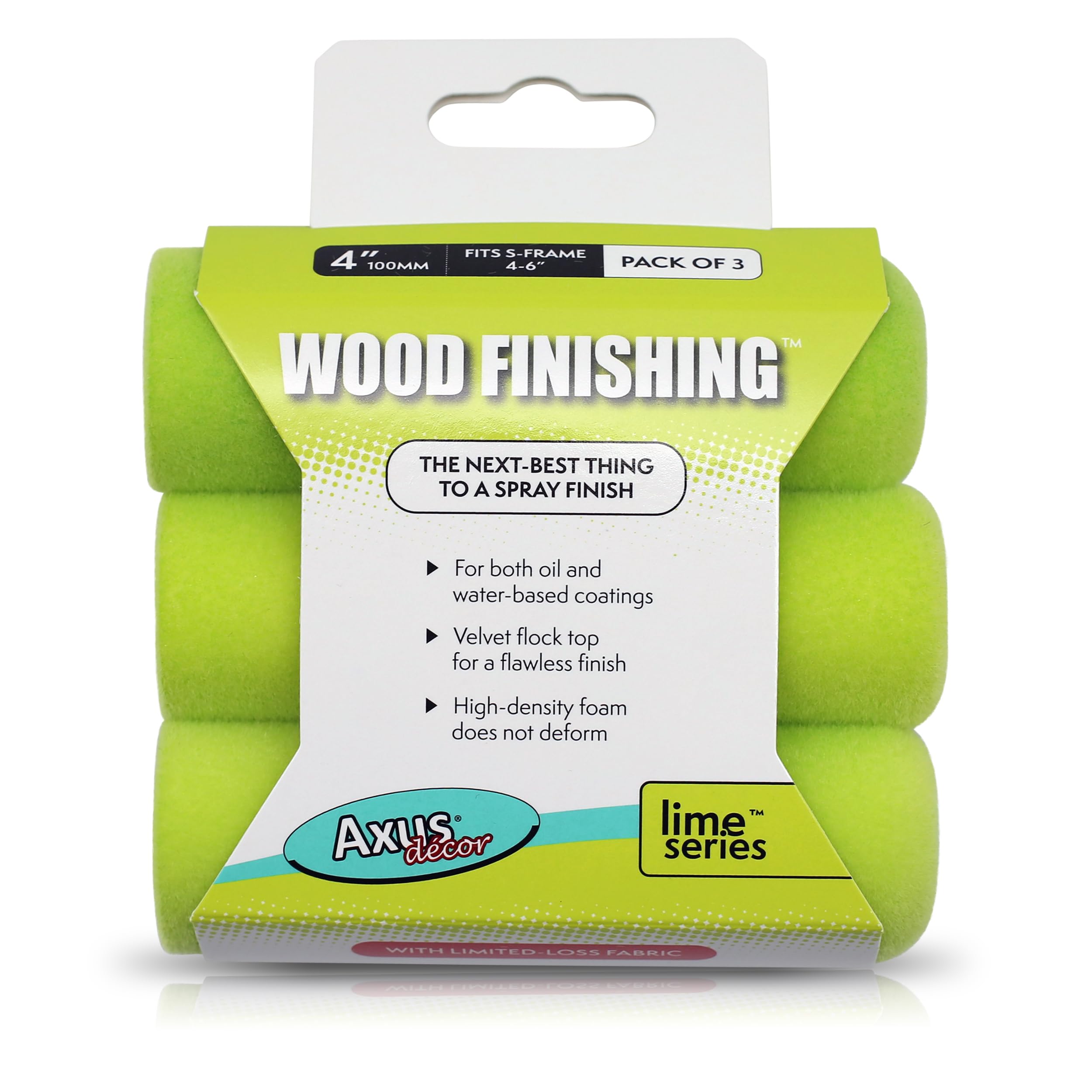 Axus Decor Wood Finish Roller Sleeve – 4 Inch/100mm, Pack of 3 - Mini Roller Sleeves, High Quality Foam, for Professional & DIY Projects, Compatible with Solvent & Water Based Paints, Lime