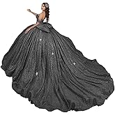 YuVanty Sparkly Quinceanera Dresses with Bow Puffy Glitter Beaded XV Dress Off Shoulder Ball Gown with Train YU010