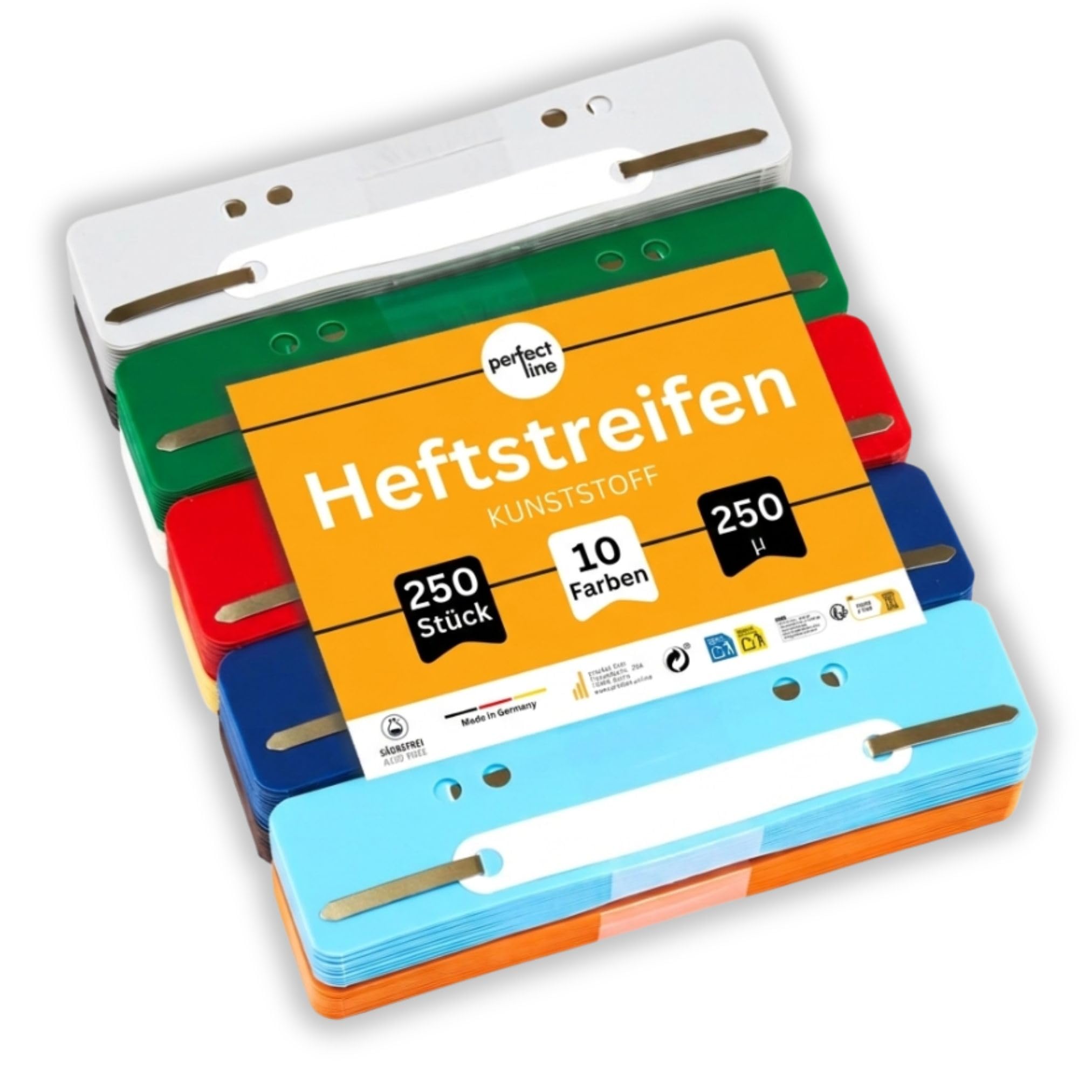 perfect line 250 Polypropylene Filing Strips, Recyclable Plastic, Made in Germany (10 x 25, 0.250 mm, 15 x 3.4 cm, 10 Colors, 1000 Holes, 250 Pieces, A4, Storage Binder Accessory)