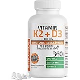 Bronson Vitamin K2 (MK7) with D3 Lower Dose 45mcg Vitamin K2 & 1000 IU Vitamin D3 Easy to Swallow Daily Maintenance 2 in 1 Formula Non-GMO, 360 Mini Tablets