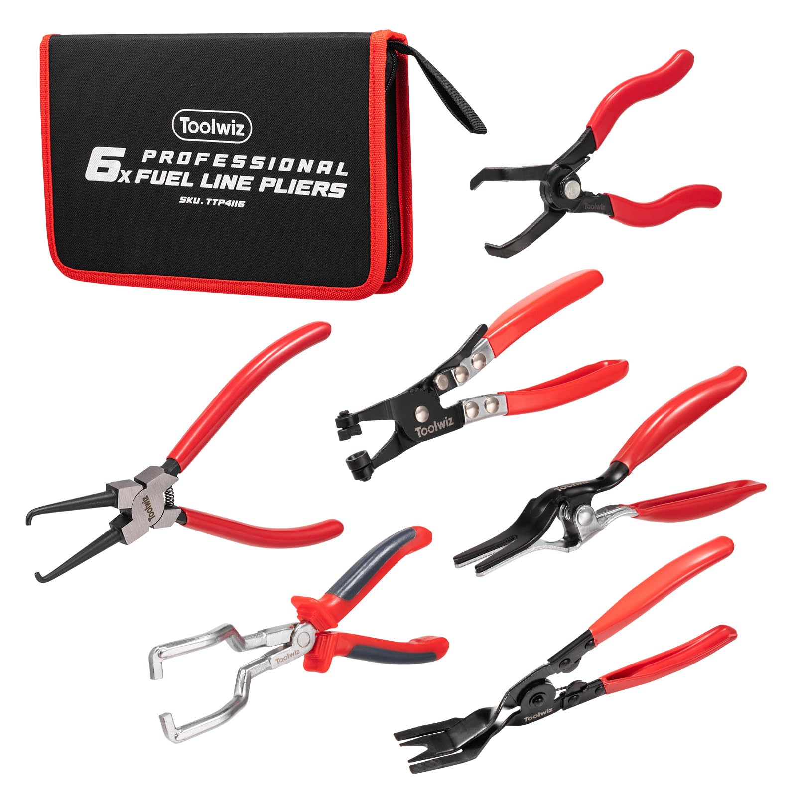 Toolwiz 6-teiliges Kraftstoffleitungszangen-Set, Schlauchschellen-Clip, Türverkleidungs Lösezange, Zange zum Entfernen von Schläuchen, 30-Grad-Druckstiftzange, 9 cm Kraftstofffilter-Messschieber