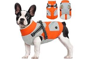 FUAMEY Dog Jackets-Dog Coat with Harness Built in-Waterproof Dog Jacket-Dog Winter Coat with Zipper On Back-Snowsuit Pet Clothes Poop Bag Pockets-Reflective Dog Vest for Large Dogs Orange L