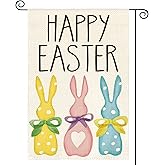 AVOIN colorlife Happy Easter Polka Dot Rabbit Garden Flag 12x18 Inch Double Sided Outside, Love Heart Bunny Bow Yard Outdoor Decoration Colorful