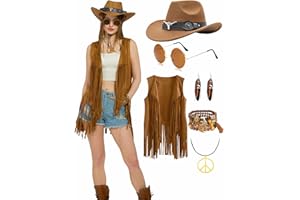 VERCECO 6 PC Cowgirl Western Outfits for Women Retro Cowgirl Costumes Fringe Vest Cow Girl Hat for Women Country 70s Hippie Outits