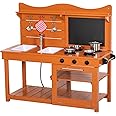 BRINJOY Kitchen Playset for Kids, Outdoor Wooden Mud Kitchen Set w/2 Removable Sinks & Spray Pipe, Backyard Garden Toddler Pretend Play Kitchen w/Blackboard, Kitchenware, Stove, Gift for Boys Girls
