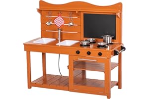 BRINJOY Kitchen Playset for Kids, Outdoor Wooden Mud Kitchen Set w/2 Removable Sinks & Spray Pipe, Backyard Garden Toddler Pretend Play Kitchen w/Blackboard, Kitchenware, Stove, Gift for Boys Girls