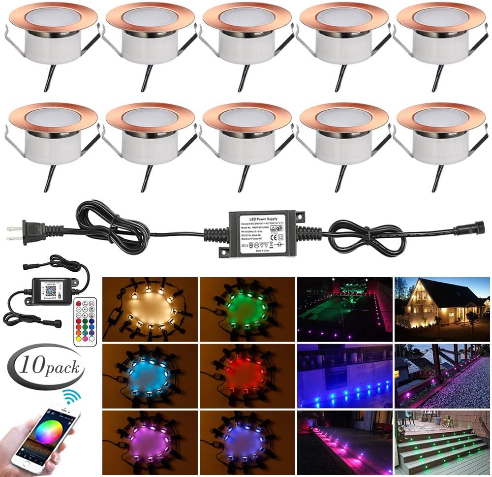 WiFi RGBW LED Deck Lights Kit, FVTLED 10pcs Φ1.85" Smart Phone Control Low Voltage Recessed Muticolor & Warm White Soffit Yard Path Stair Decor Lamp Fit for Alexa Google Home, Red Bronze