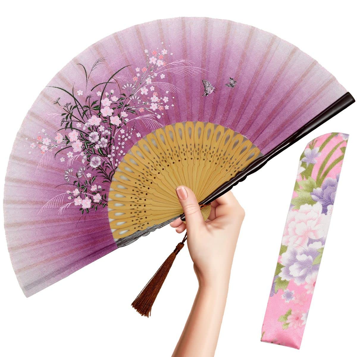OMyTea Folding Hand Fan for Women - Foldable Chinese Japanese Vintage Bamboo Silk Fan - for Hot Flash, Church, EDM, Music Festival, Party, Dance, Performance, Decoration, Gift (Pink Grassflower)