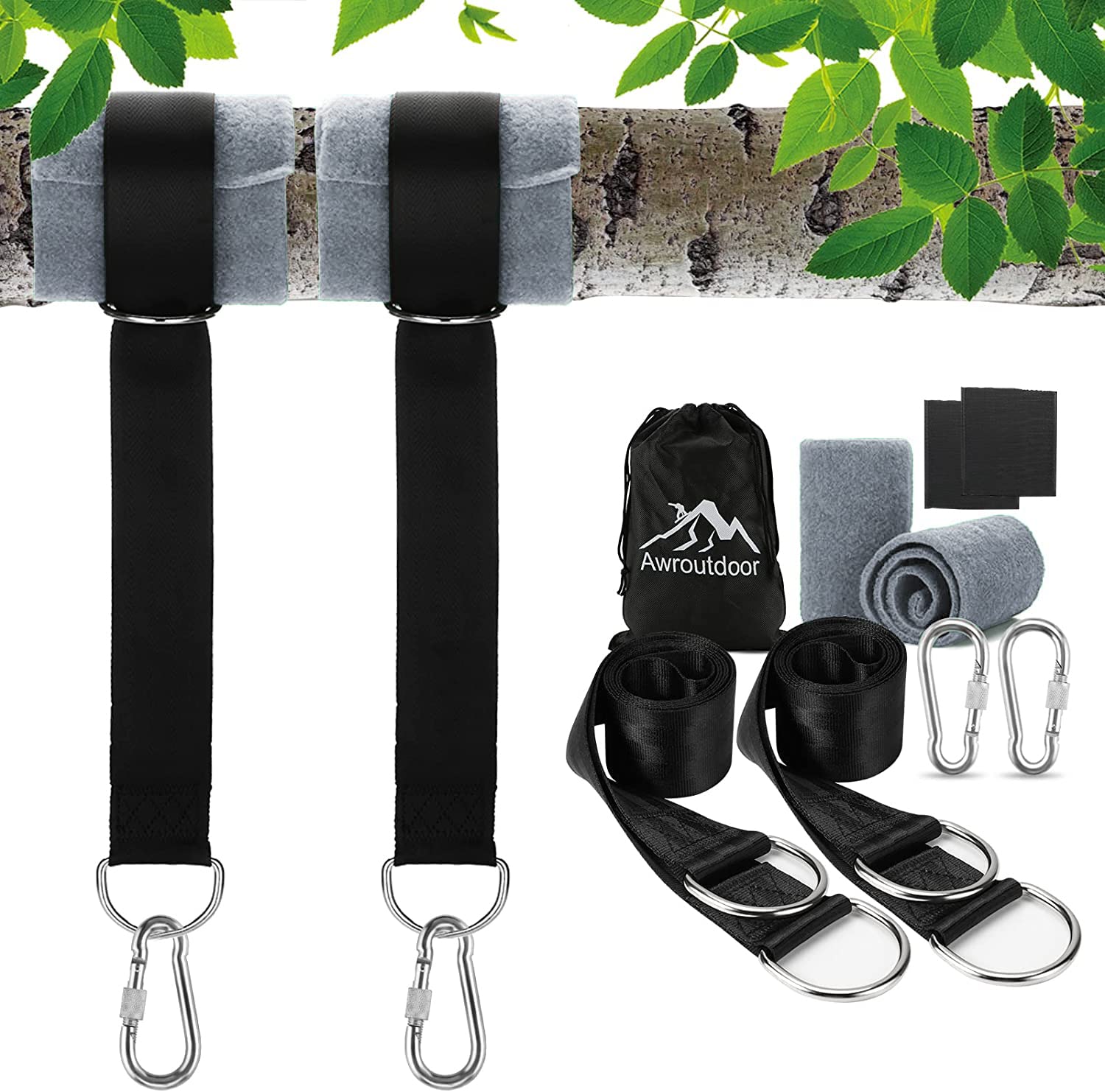 Awroutdoor Hammock Strap, Tree Swing Strap, Tree Swing Attachment for Hammock for Trees 2 x 150 cm with D-Ring – Two Hooks Carabiners – Maximum Load 500 kg