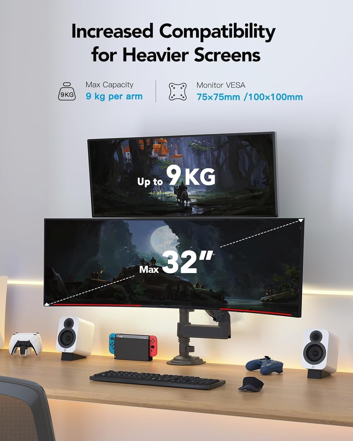 HUANUO Monitor Halterung 2 Monitore für 13-32 Zoll Bildschirm, Gaming Monitorhalterung 2 Monitore Höhenverstellbar mit 9KG Pro Arm, Bildschirmhalterung Neigbar Schwenkbar, VESA 75/100mm 2