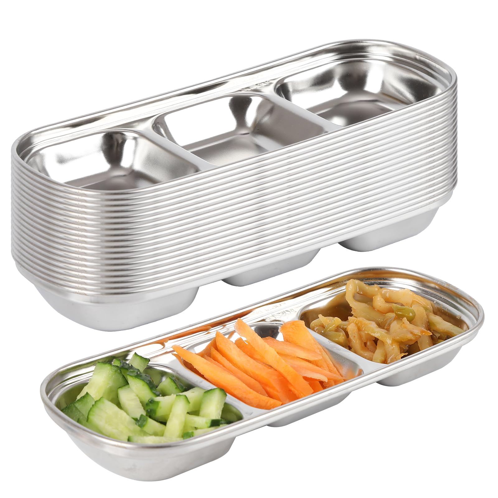 Photo 1 of **** MISSING 11 TRAYS*** DISWALE 28 Pcs Soy Sauce Dishes, Stainless Steel Divided Dip Bowls, Korean 3-Compartment Sauce Plates for Home Restaurant BBQ, Vinegar, Spices, Ketchup, Salt, Sugar, and Flavors