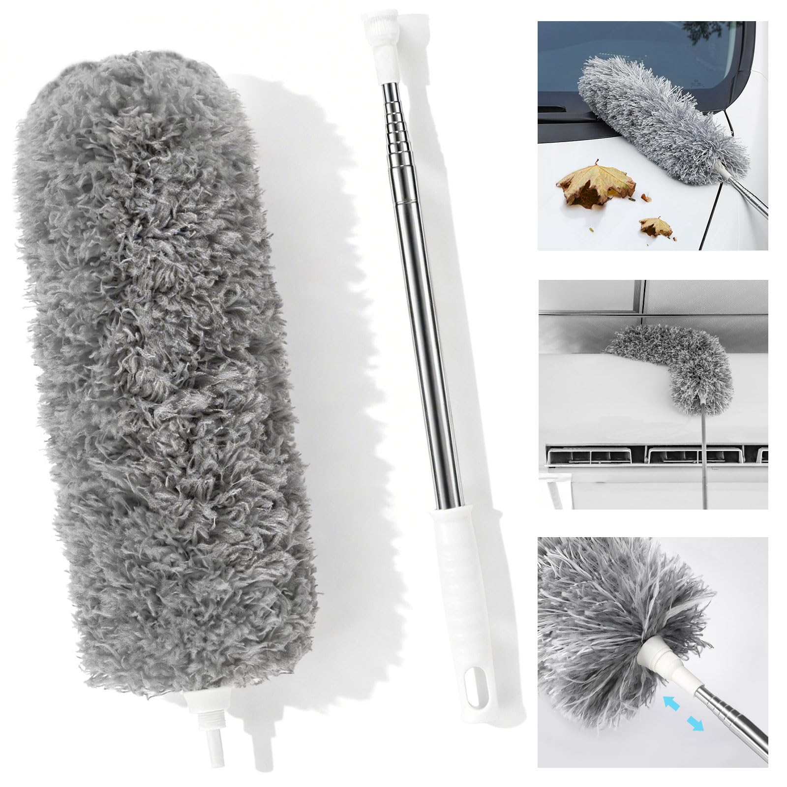 Feather Duster,Extendable Duster Microfiber Long Extension Pole Scratch Resistant Cover, Washable, Cleaning High Ceiling Fans, Blinds, Cobweb (Grey)