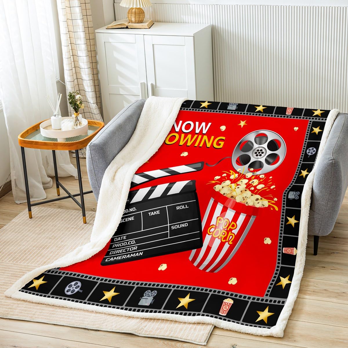 Movie Theater Decor Fleece Throw Blanket Kids Movie Night Plush Blanket for Boys Cinema Sherpa Blanket Breathable Old Fashion Fuzzy Blanket Room Decor Single 50x60 Inch
