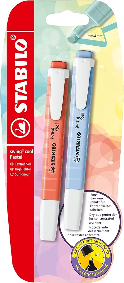 STABILO Swing Cool Pastel Highlighter Pack of 2 Cloudy Blue Mellow Coral Red
