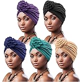 DRESHOW 5 Pack Knotted Headwraps for Women African Turban Pre-Knotted Beanie Headwraps Hair Covers