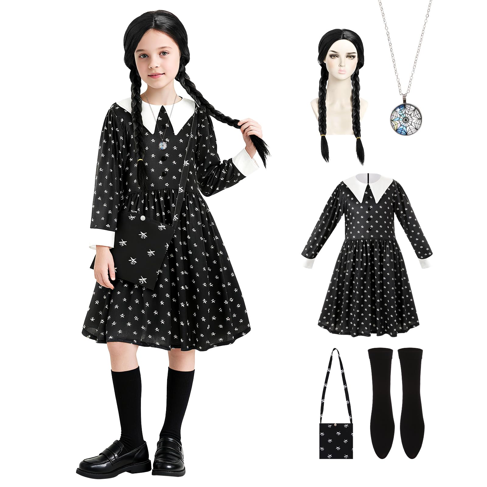 Dacnod Gothic Black Dress Black Princess Costume Dress Girls Gothic School Fancy Dress with Accessories for Carnival Halloween Cosplay Party