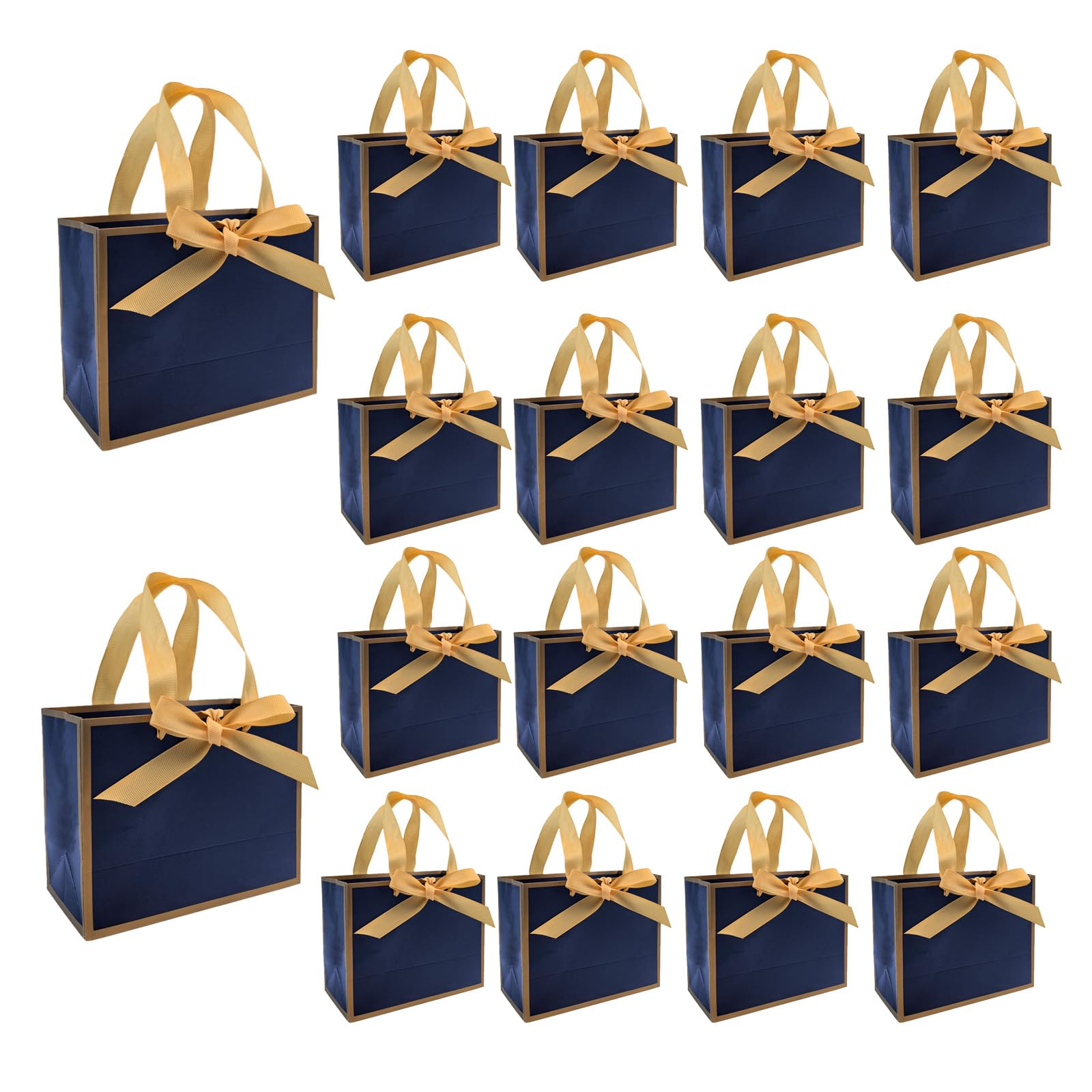 Photo 1 of 50 PCS Small Blue Gold Gift Bags with Bow Ribbon - 6.4x3.1x5.1 Inch Thank You Bags with Handles, Bulk for Baby Shower, Bridal Shower, Wedding, Party Favors, Back to School, Summer Party