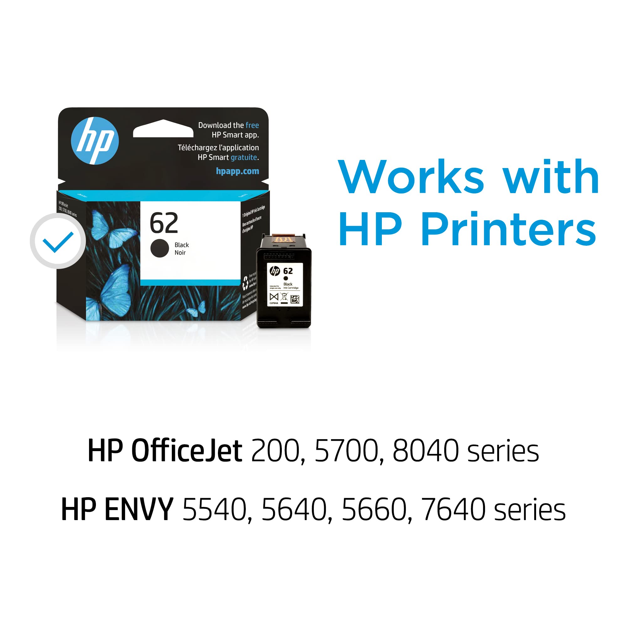 HP 62 Black Ink Cartridge for HP Printers | Works with Printer Series: ENVY 5540, 5640, 5660, 7640, OfficeJet 5740, 8040, OfficeJet Mobile 200, 250 | Eligible for Instant Ink | C2P04AN