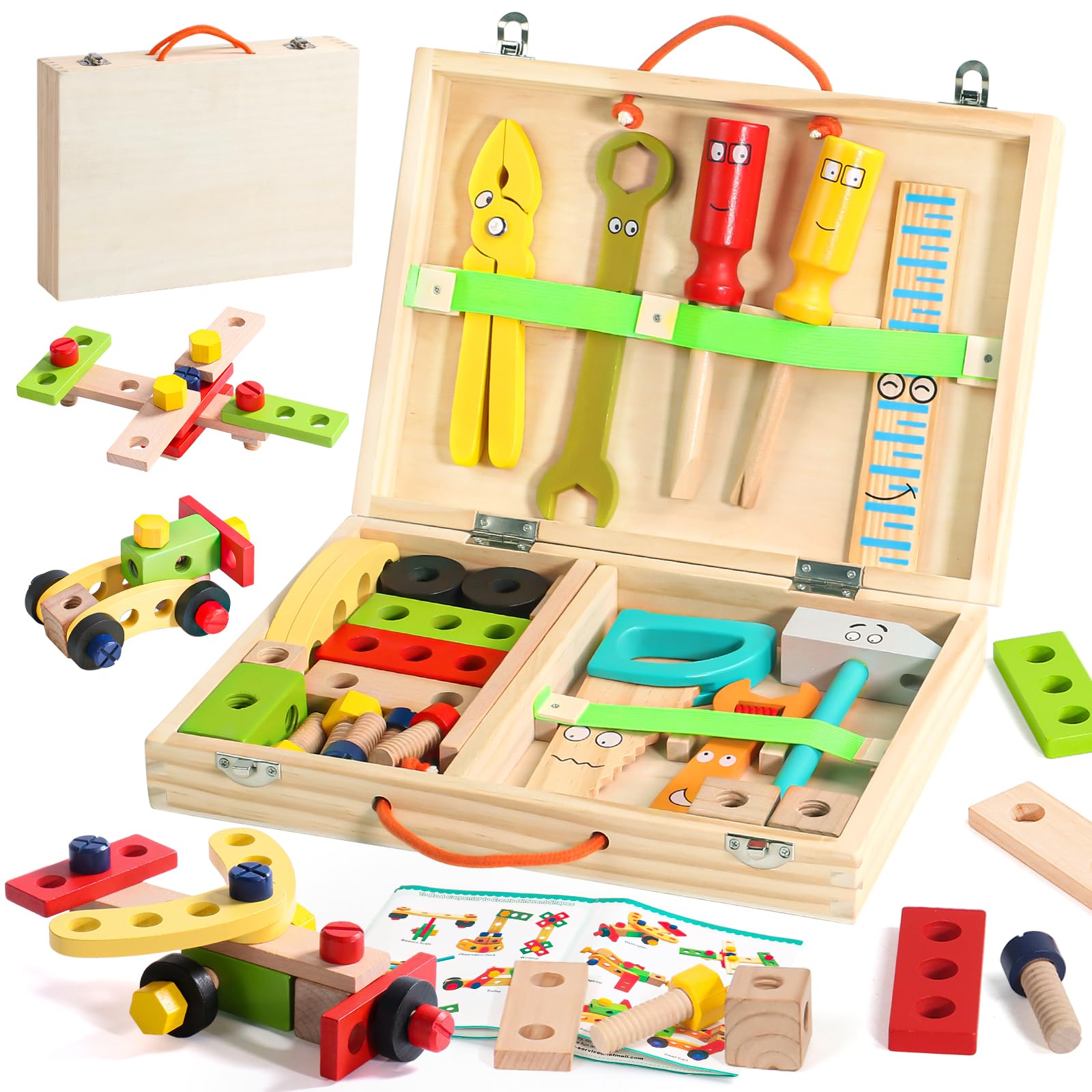 Wooden Toys Kids Tool Set-Wooden Kids Toys Tool Box Kit Construction Role Play Educational Toddler Toys for 3 4 5 Year Old Boys Girls Gifts,Children Toys Woodworking Tools Pretend Play Tool Kits