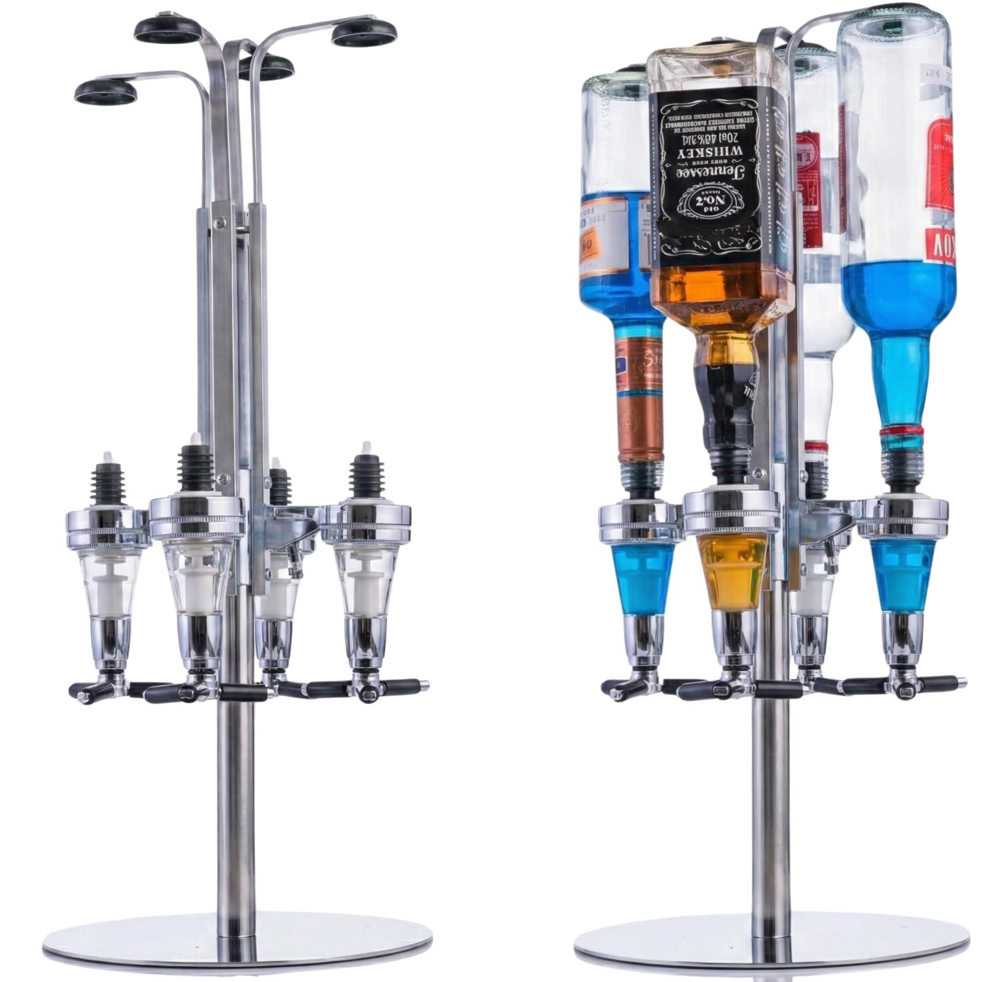 Drinkstuff 4 Bottle Rotary Drinks Dispenser – Optics for Spirits, Rotating Bar Accessories for Home Pub, Drink Dispenser for Spirits & Liquor, Chrome Base