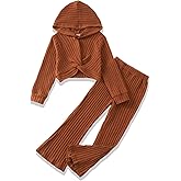 XUANHAO Girls Clothes Fall Winter Teen Outfits for Girl Rib Knit Twist Front Hoodie Flare Pants Sweatsuit Girls Clothing Set