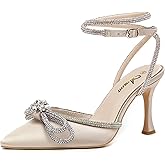 Athlefit Women's Rhinestone Bow Heels Ankle Strap Pointed Toe Stiletto Heeled Sandals Wedding Bridal Dress Pumps Shoes