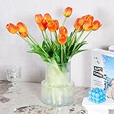 20 Pcs Real Touch Artificial Tulips with Vase, Large Faux Flower Arrangement in Heavy Fluted Glass, Bouquet for Dining Table Centerpiece, Home Office, Spring Decor, Set with Dust Bag (Orange)