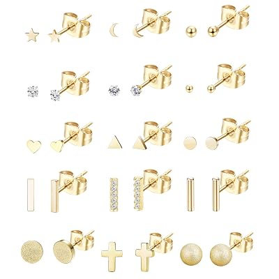 LOLIAS 15 Pairs Stainless Steel Tiny Stud Earrings for Women Girls Small Bar Heart Ball Star Triangle Cartilage Helix Ear Piercing Studs