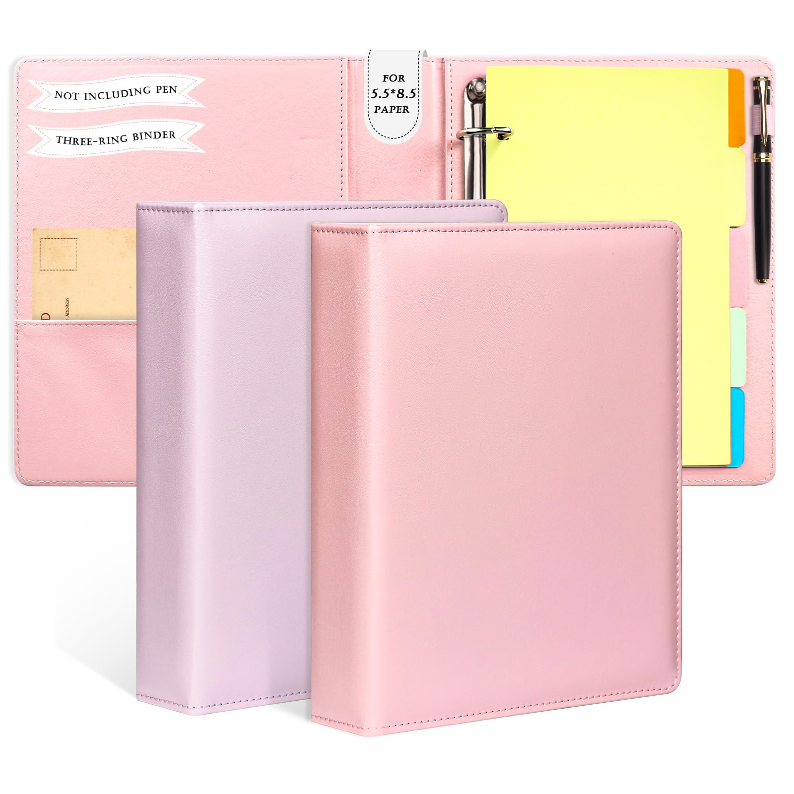 Photo 1 of 2 Pack Mini Size 3 Ring Binder 1 Inch Rings 5 Colors Dividers Pu Leather Binders 5.5" X 8.5" Holds 200 Sheets Paper Three Ring Binder DRing with Pen Loop 1 Pockets School Office (Purple&Pink)