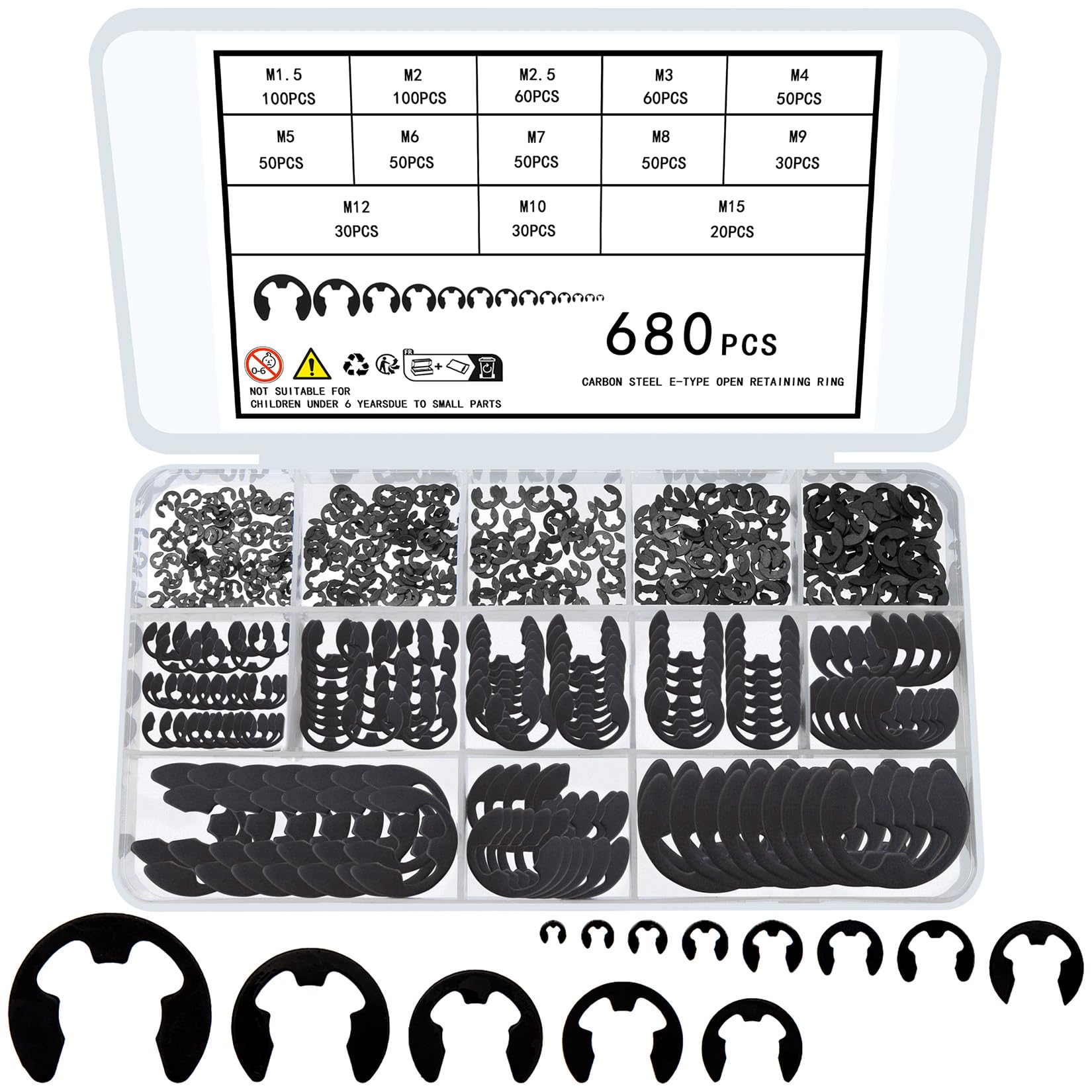 680 Pcs E Clips, Circlips Assorted Sizes, External Retaining Ring Assortment Set, E-Clips, C-Clips, Snap Rings, Black Carbon Steel Snap Opening Ring Circlips Kit, 13 Sizes, M1.5-M15