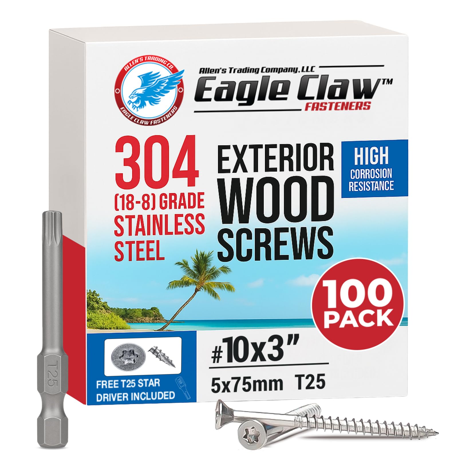 #10 x 3 Inch Stainless Steel Deck Screws | 304 Grade (100 Pack) | Flat Head T25 Star Torx Drive | Stainless Steel Screws by Eagle Claw Fasteners | Corrosion & Rust Resistant (Includes Driver Bit)